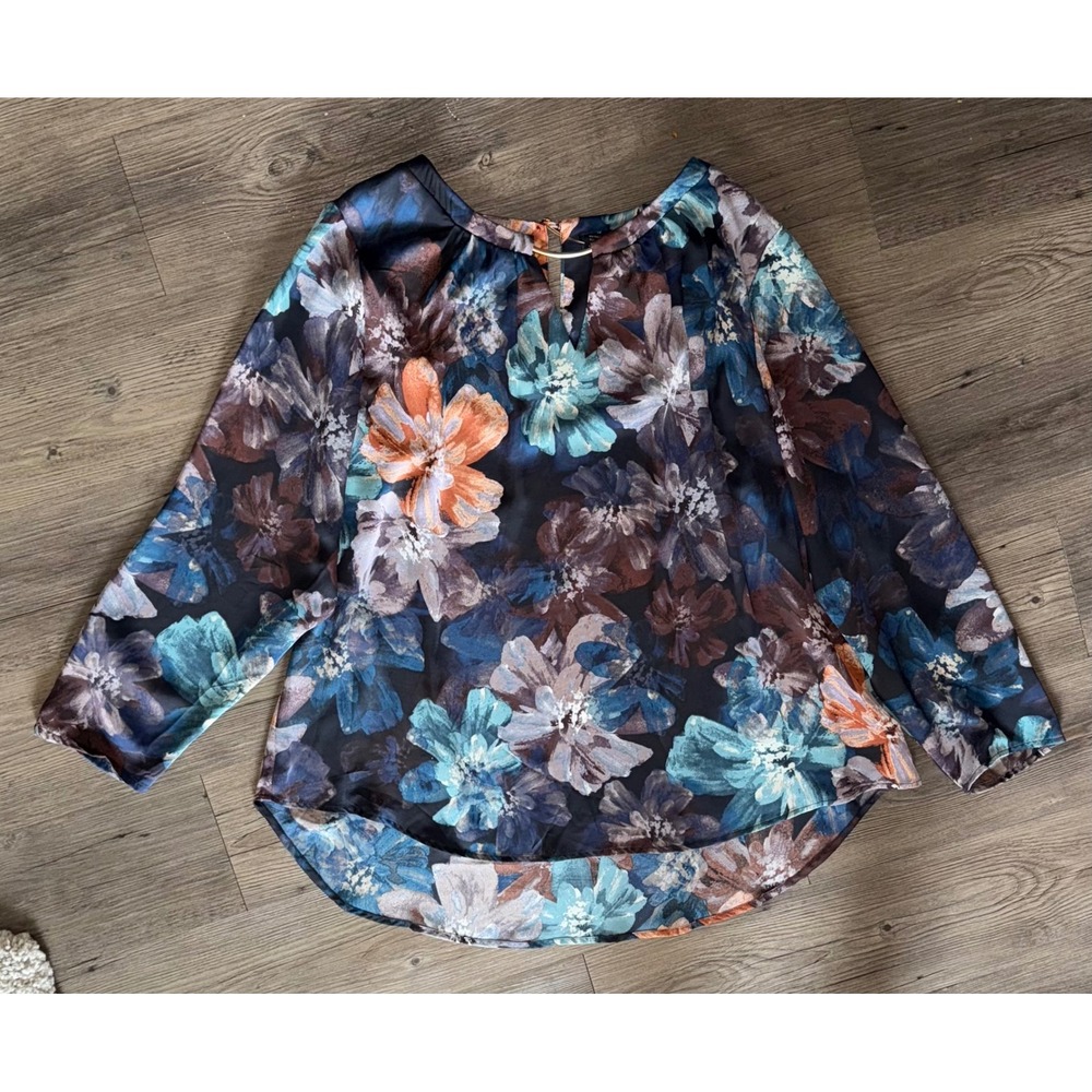 Investments Floral Keyhole Blouse Navy Blue Gold Bar Accent 3/4 Sleeve Plus 1X